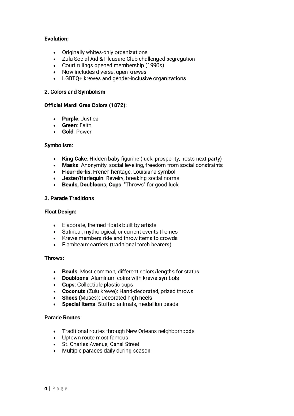 Part 2 lesson notes explain krewe inclusion, Mardi Gras colors and symbols, parade floats, and throws