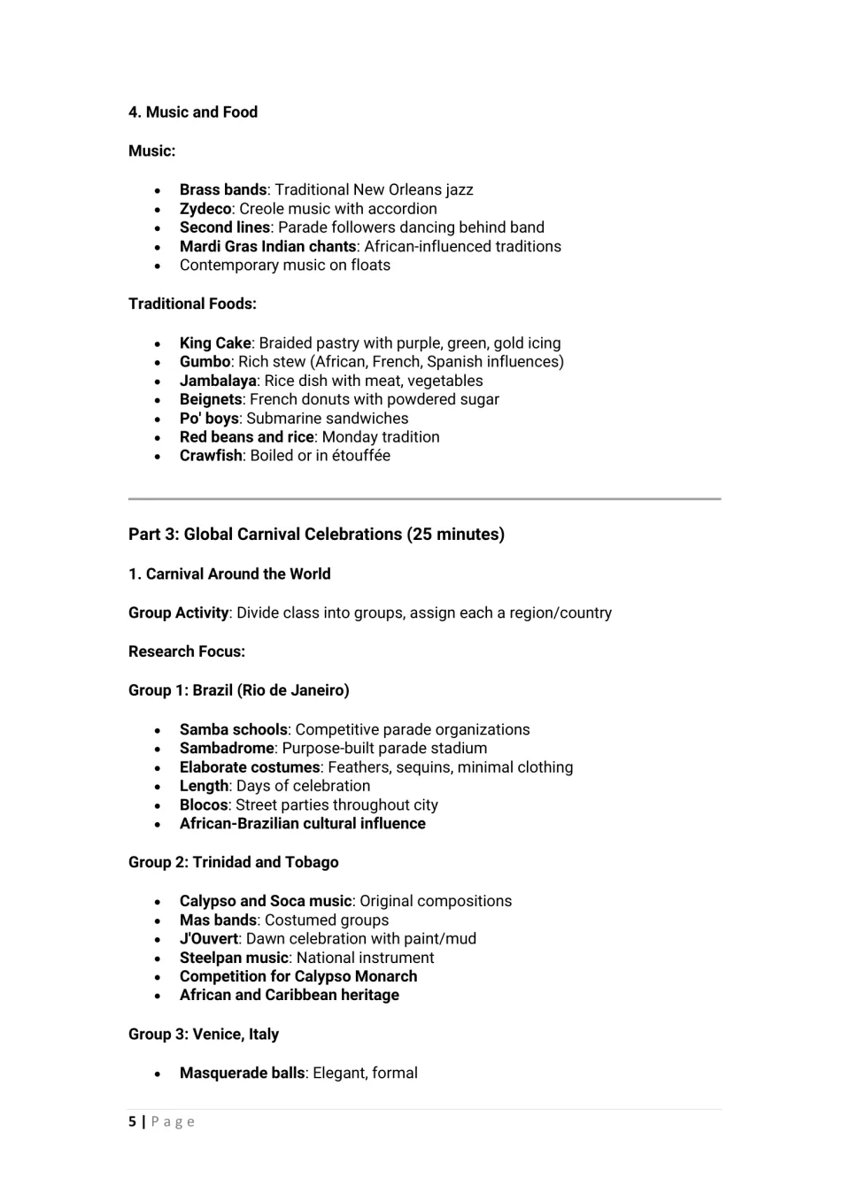 Lesson notes on music and food lead into Carnival group research on Brazil, Trinidad and Tobago, and Venice