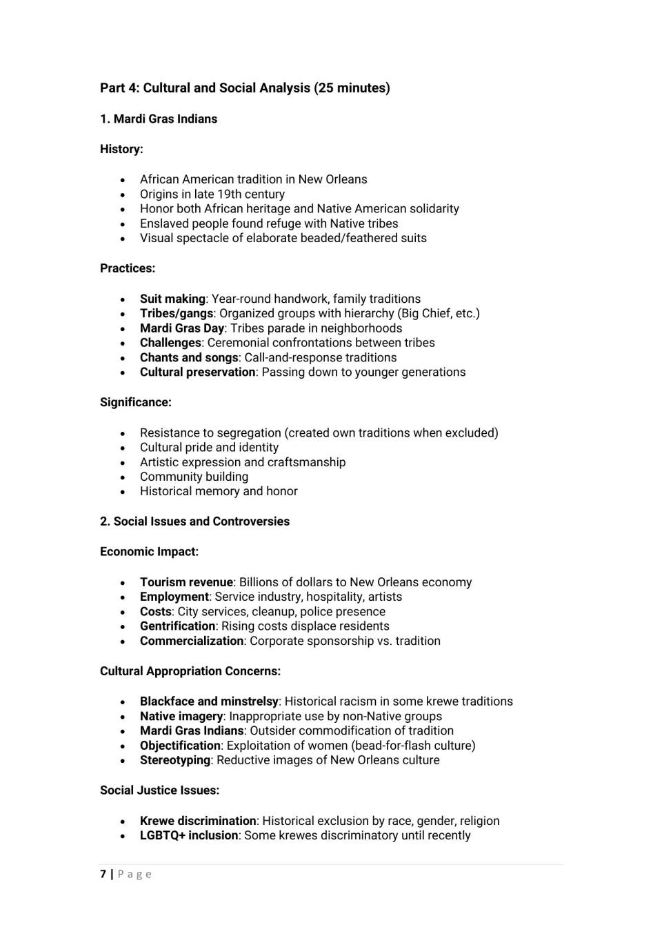 Part 4 lesson notes examine Mardi Gras Indians, economic impact, cultural appropriation, and social justice