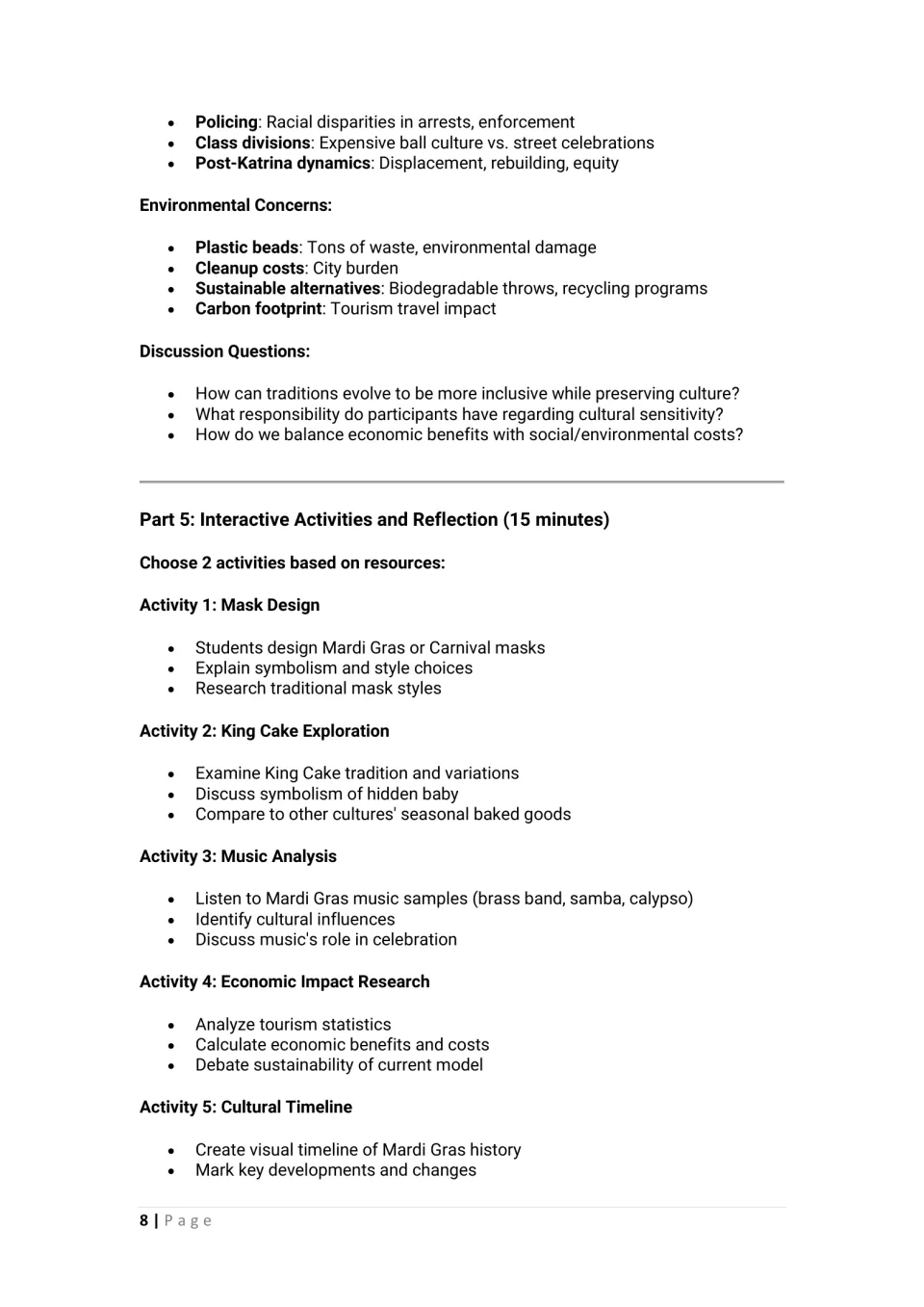 Lesson notes address environmental concerns, then offer mask, king cake, music, economics, and timeline activities