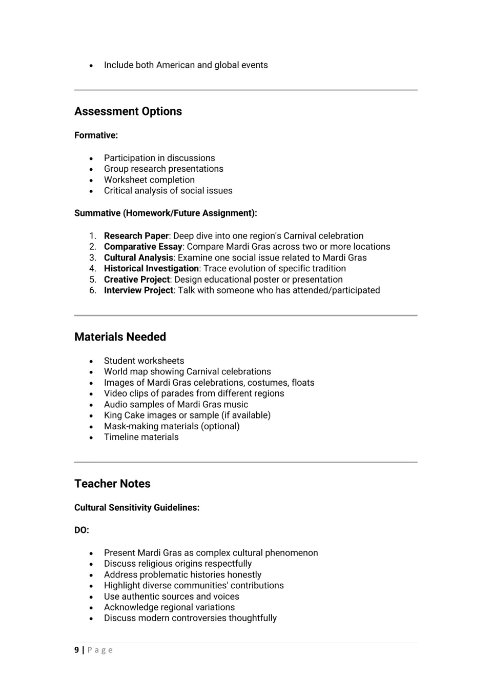 Teacher guidance lists formative and summative assessments, lesson materials, and cultural sensitivity practices