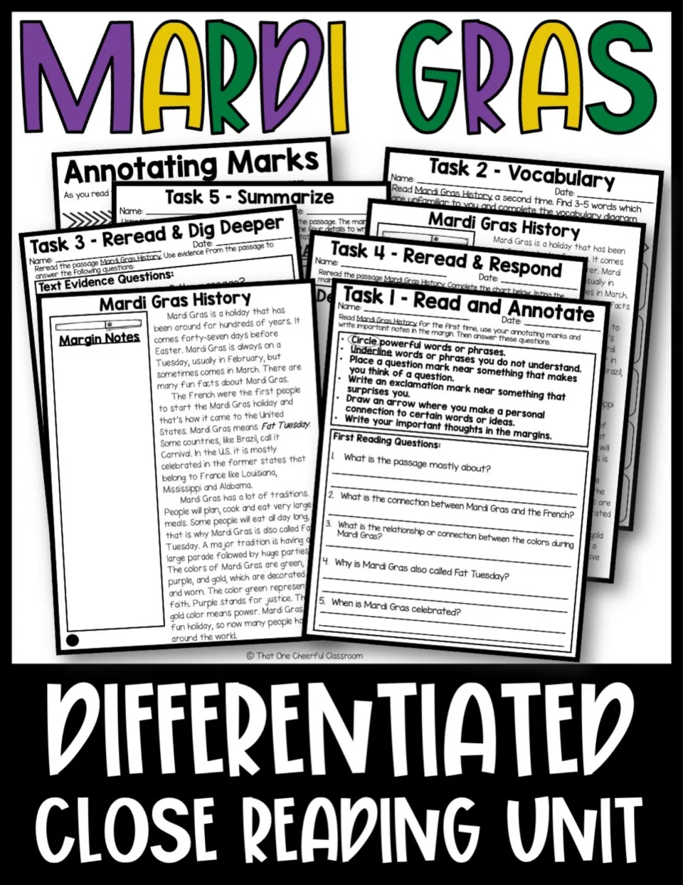 Mardi Gras differentiated close reading unit cover showing the history passage, annotating marks and Task 1-5 sheets