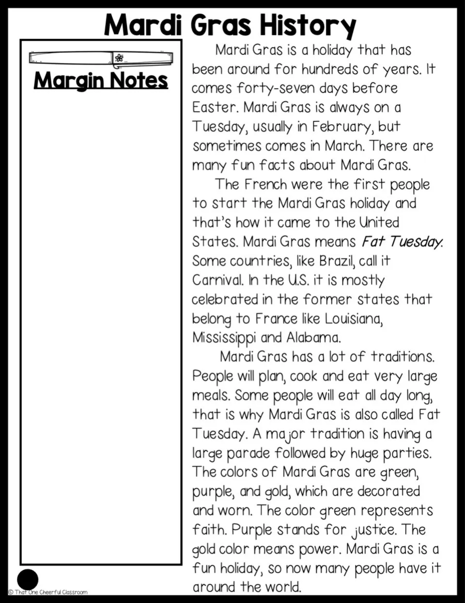 Mardi Gras History passage, easier level: origins, Fat Tuesday, parades and green, purple and gold, with margin notes