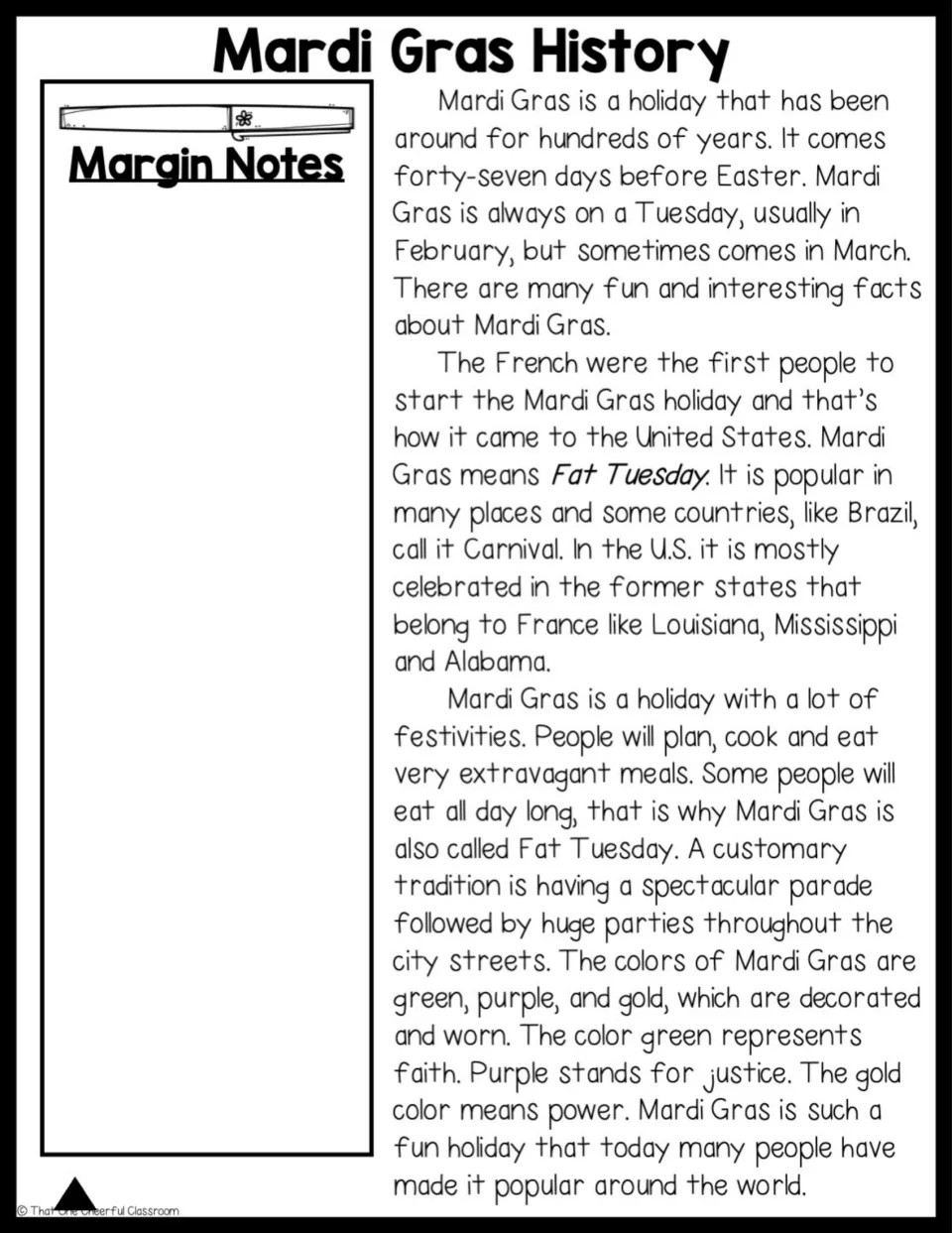 Mardi Gras History passage, harder level: French origins, Fat Tuesday, parade traditions and colors, with margin notes