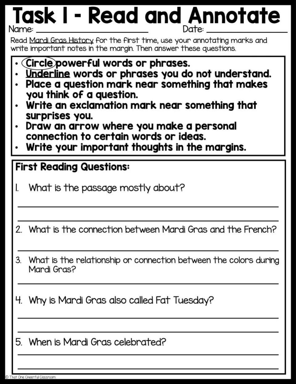 Task 1 Read and Annotate: students mark up the passage, then answer five first-reading recall questions about Mardi Gras