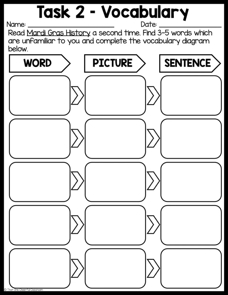Task 2 Vocabulary: students pick 3-5 unfamiliar words from the passage and give each a picture and a sentence