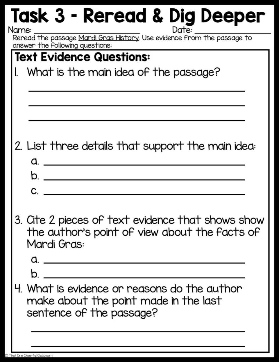 Task 3 Reread & Dig Deeper: text evidence questions on main idea, three supporting details and the author's point of view