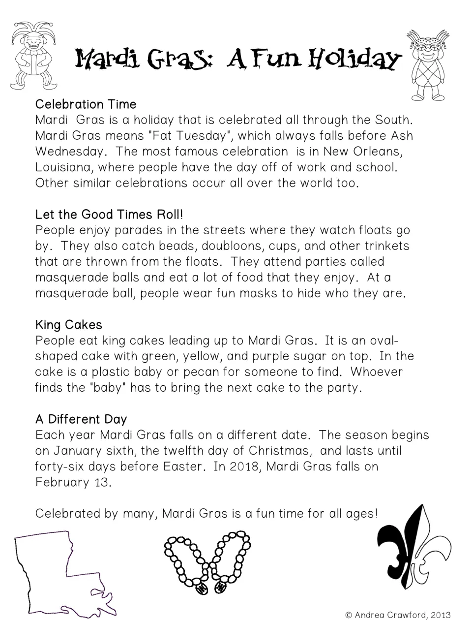 2018 reading passage about Mardi Gras celebrations, parades, and king cakes, giving February 13 as its date