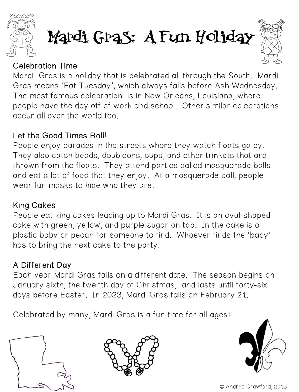 2023 reading passage about Mardi Gras celebrations, parades, and king cakes, giving February 21 as its date