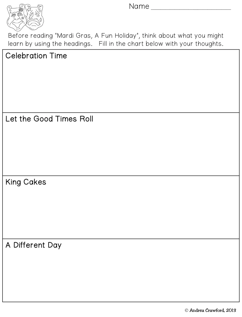 Before-reading organizer for predicting what the four Mardi Gras passage headings suggest students will learn