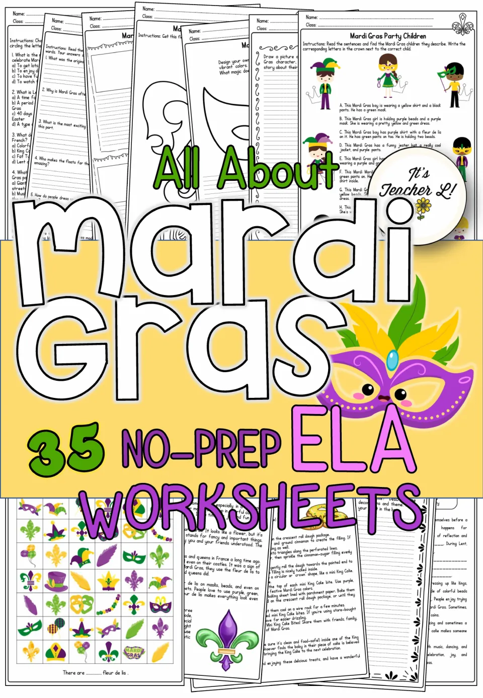 Cover of Mardi Gras No-Prep ELA Worksheets, advertising 35 worksheets and showing sample activity pages