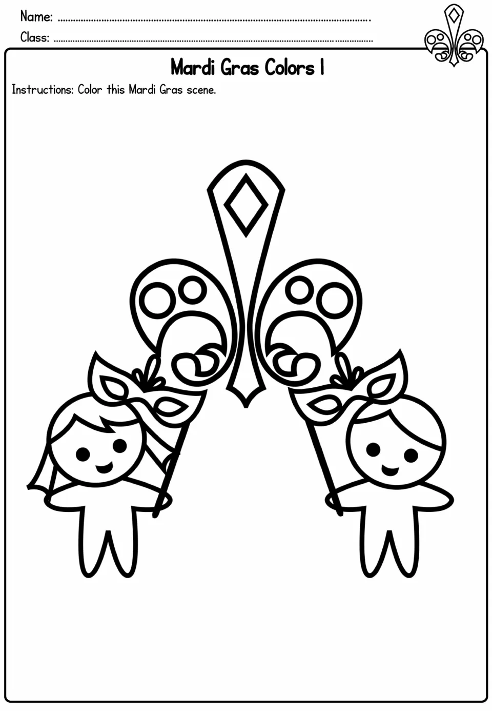Mardi Gras coloring activity 1: two children holding masks beside a large fleur-de-lis to color