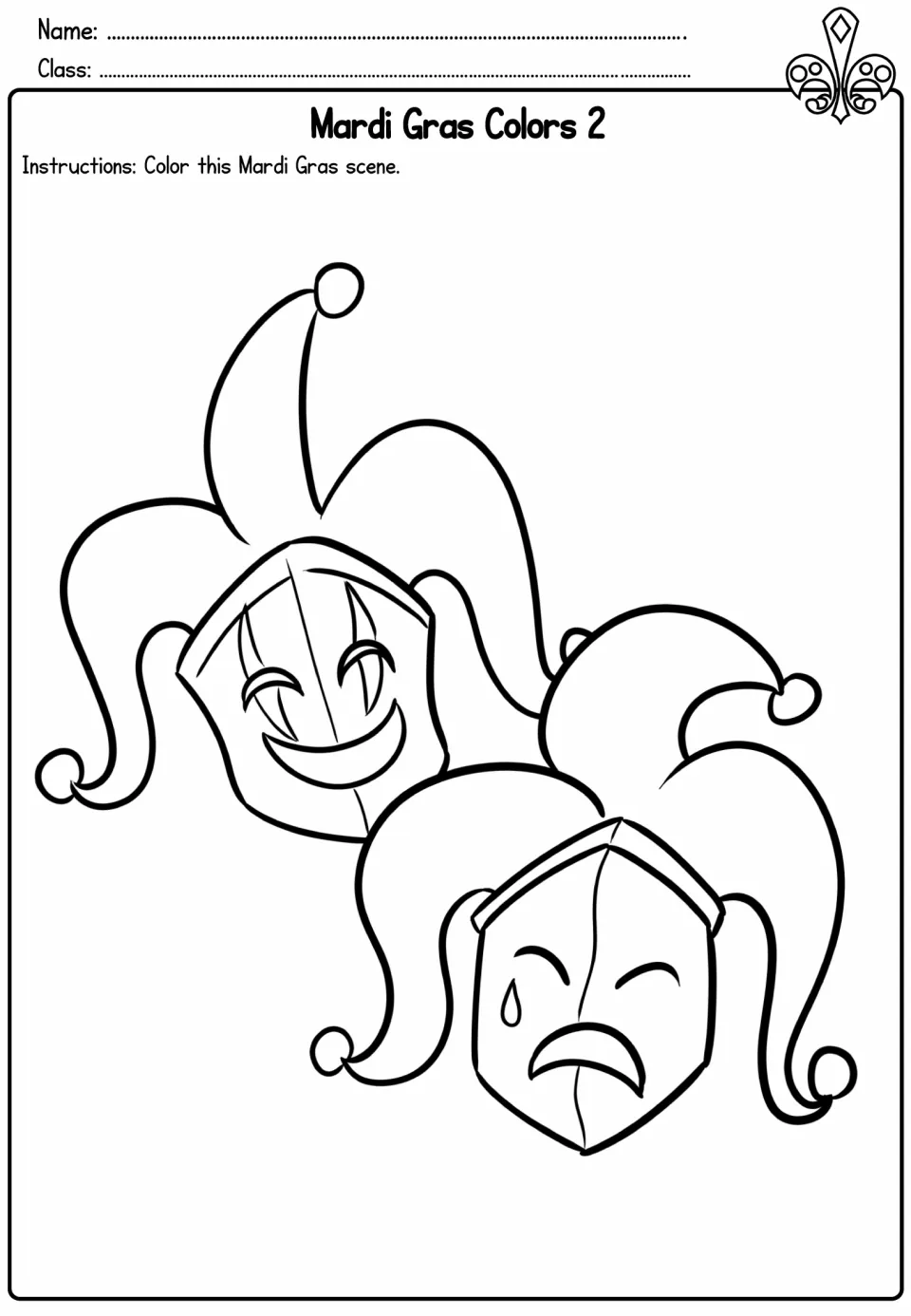 Mardi Gras coloring activity 2: a smiling theatrical mask and a frowning mask, both wearing jester hats