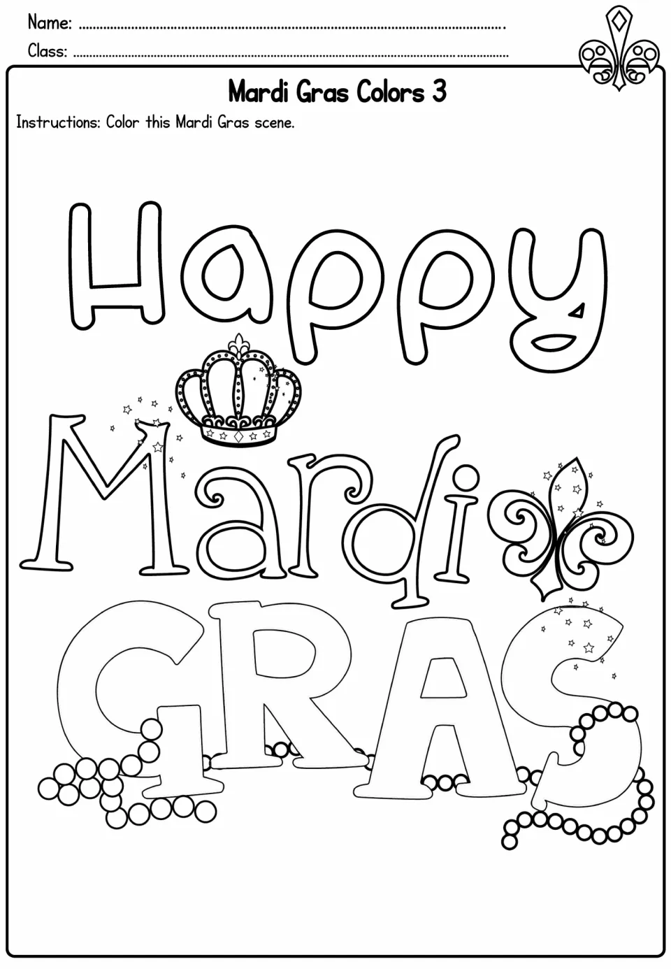 Mardi Gras coloring activity 3: the words “Happy Mardi Gras” with a crown, beads, and a fleur-de-lis