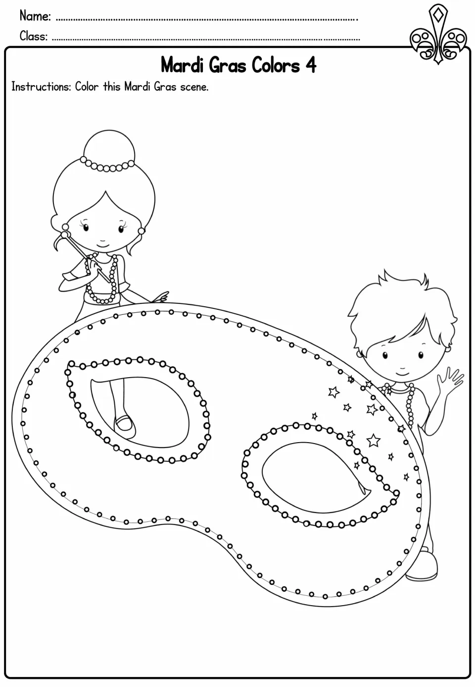 Mardi Gras coloring activity 4: two children wearing beads stand behind a large decorated carnival mask