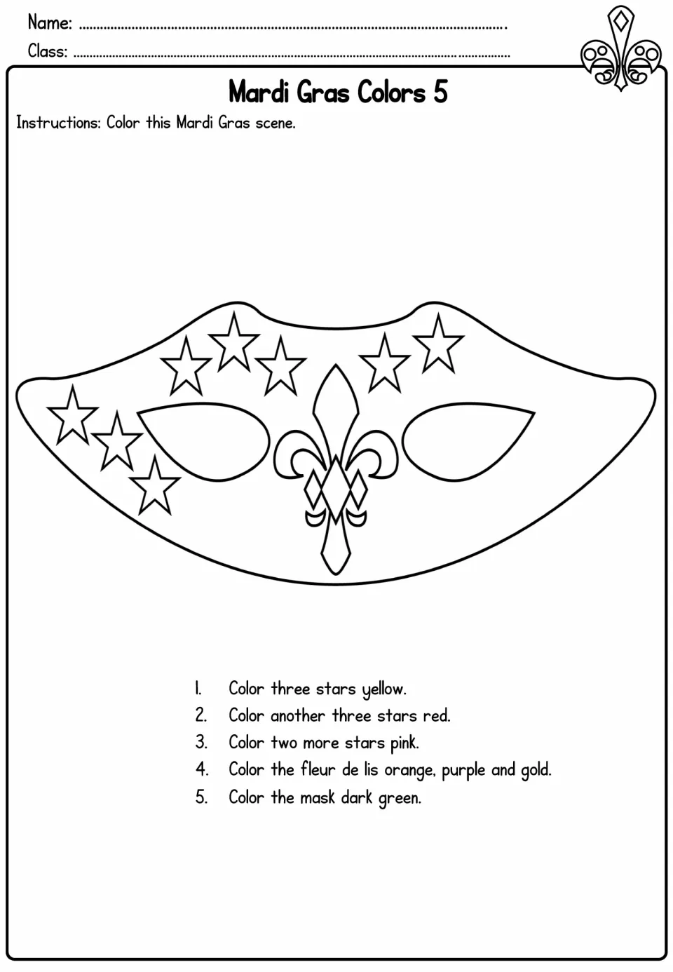 Mardi Gras coloring activity 5: follow five directions to color eight stars, a fleur-de-lis, and a mask