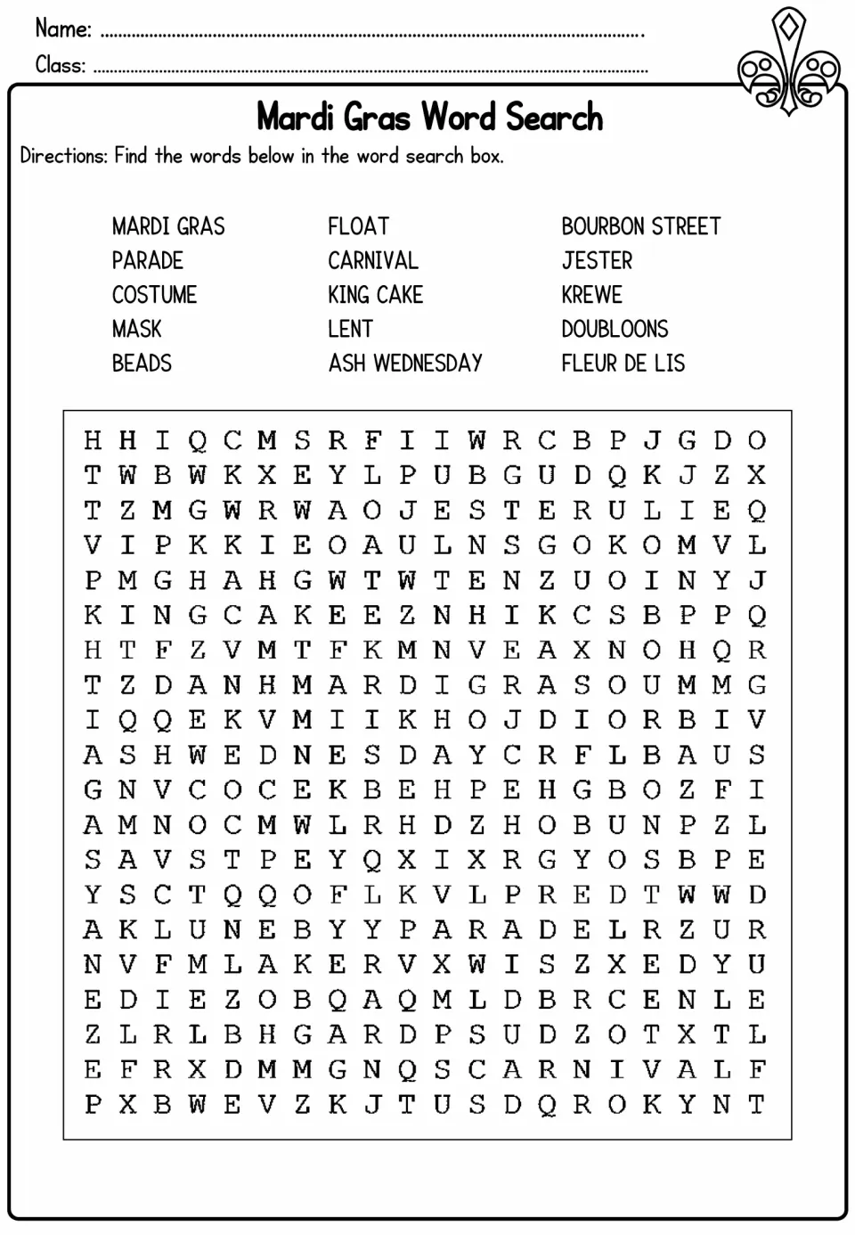 Mardi Gras word search: find 15 terms, including parade, costume, mask, beads, king cake, and jester