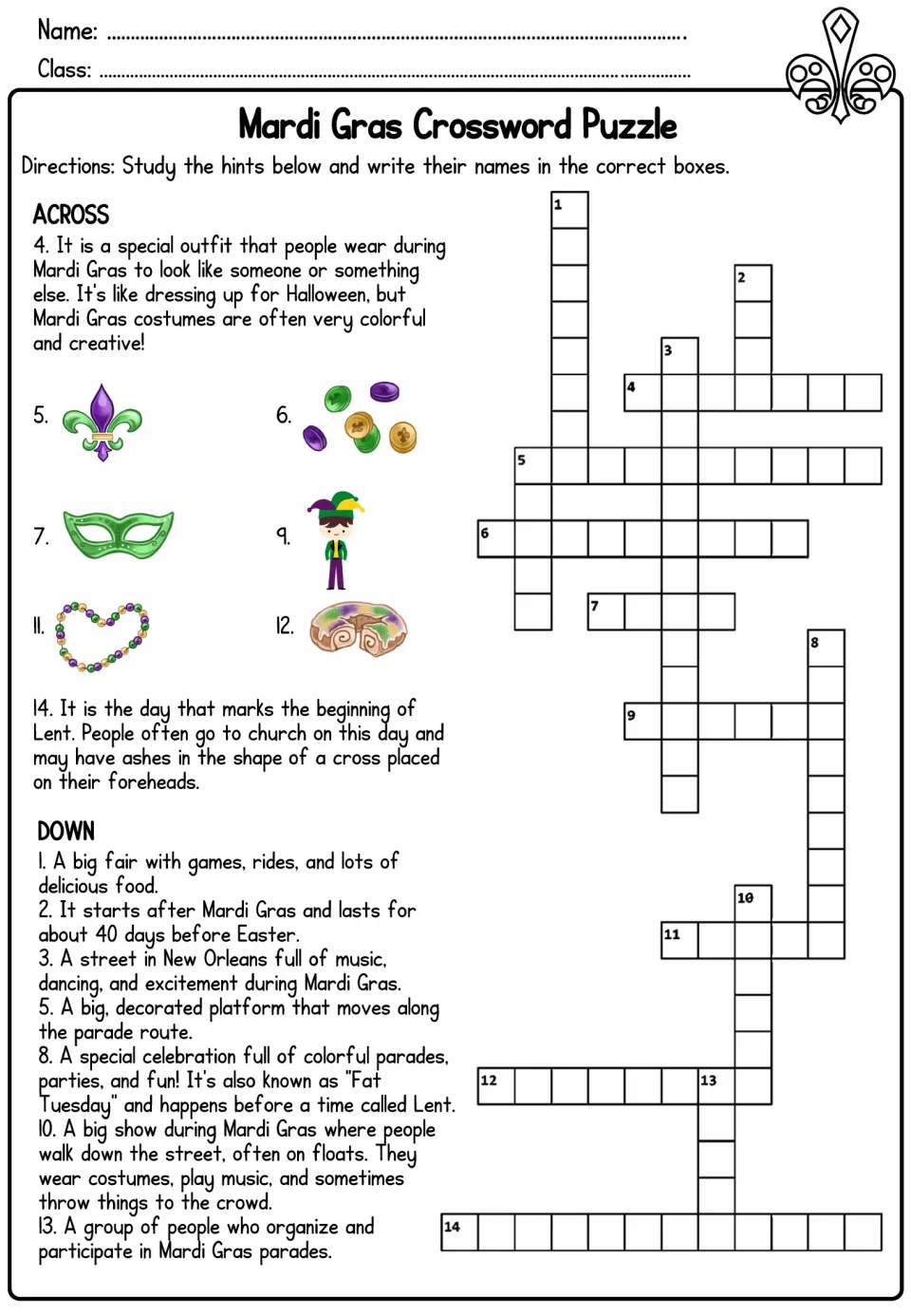 Mardi Gras crossword: solve 15 picture and written clues for words such as costume, mask, and king cake