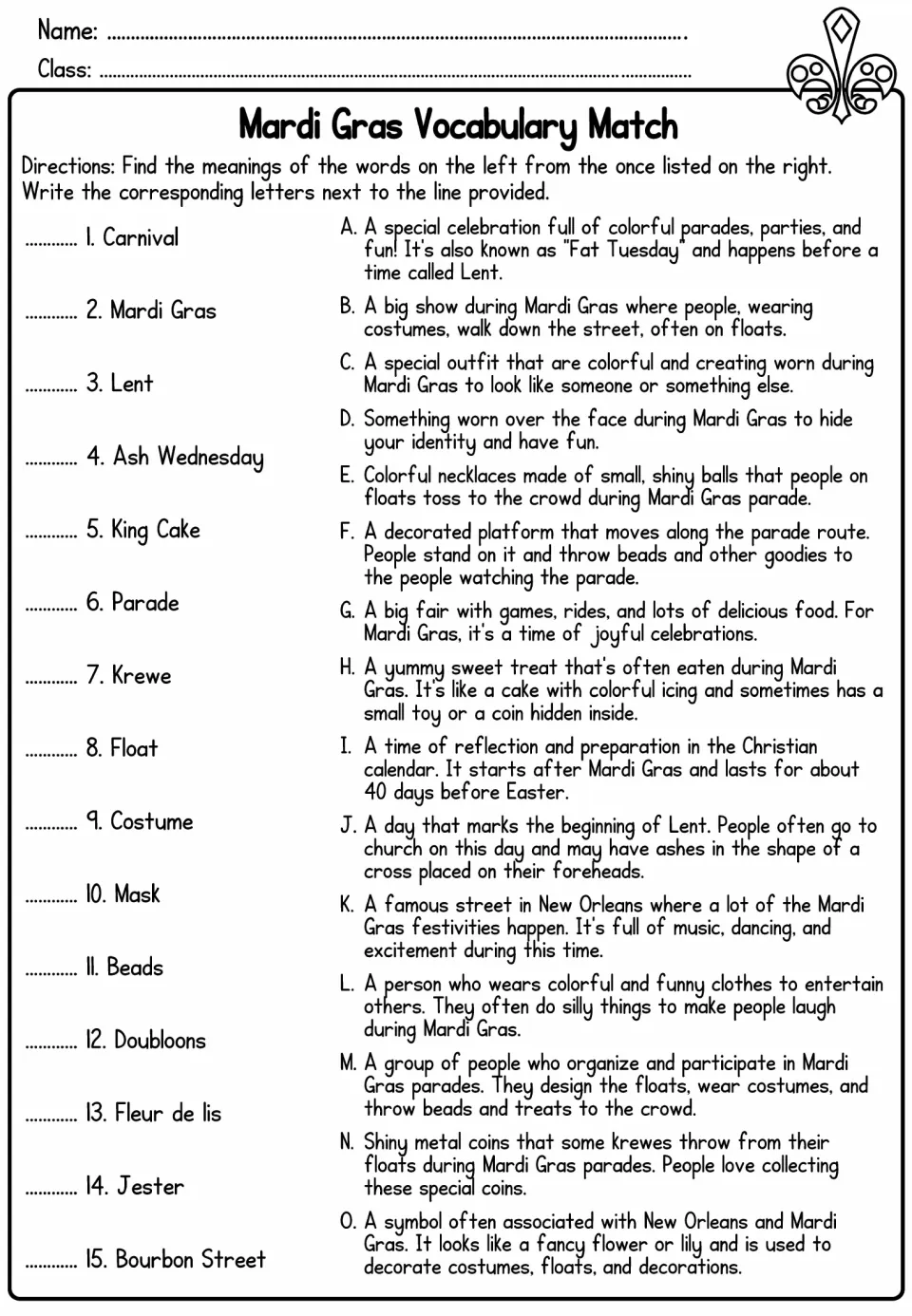 Mardi Gras vocabulary match: pair 15 terms, including carnival, Lent, krewe, and doubloons, with meanings