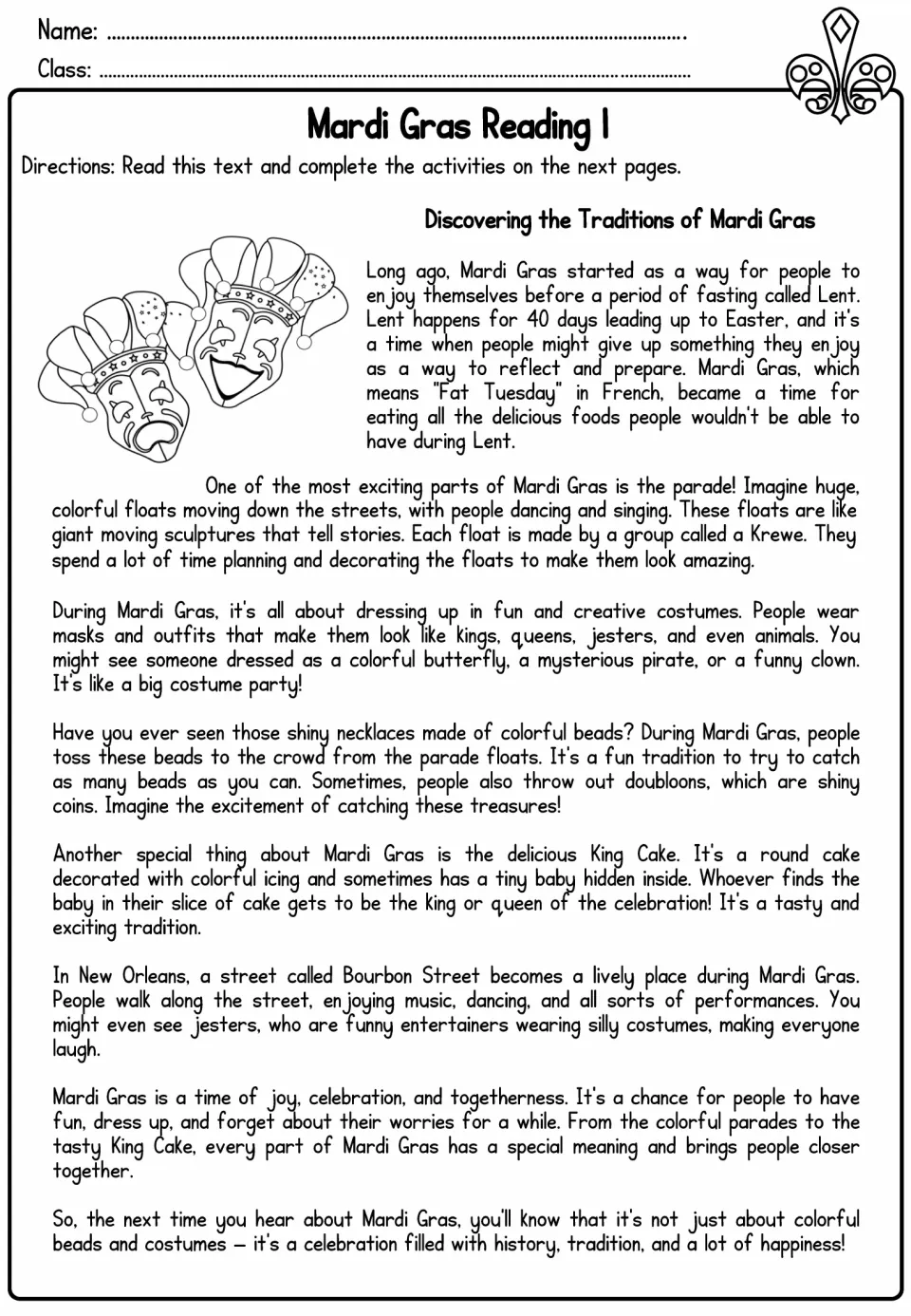 Mardi Gras Reading 1: an informational passage about Lent, parades, costumes, beads, and king cake traditions