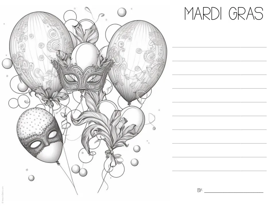 Mardi Gras fact-writing template 1 features ornate balloons, masks, and feathers beside the writing area