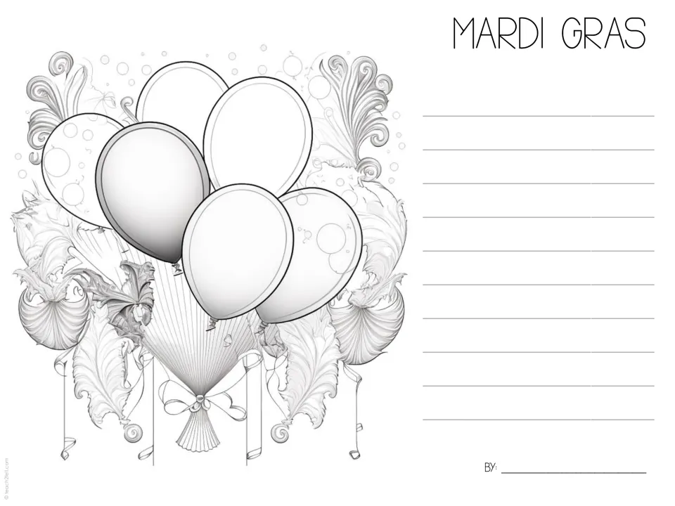 Mardi Gras fact-writing template 2 features a cluster of balloons and curling feathers for the follow-up