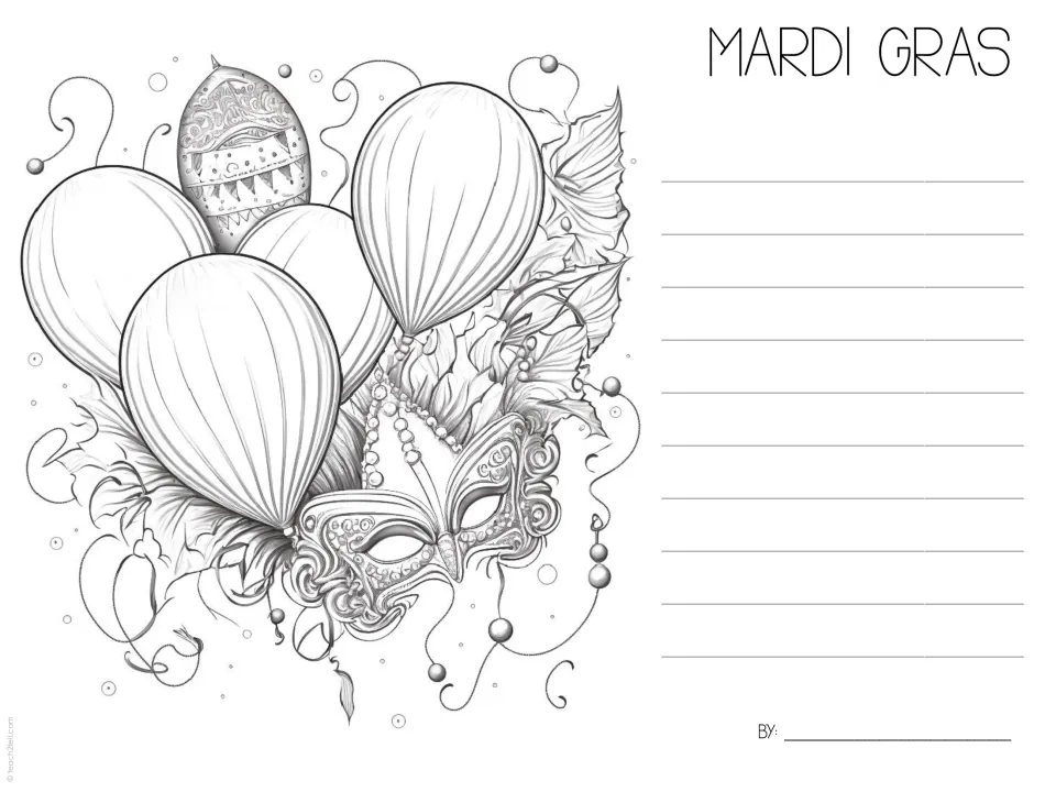 Mardi Gras fact-writing template 3 features balloons, two ornate masks, and beads for recording facts