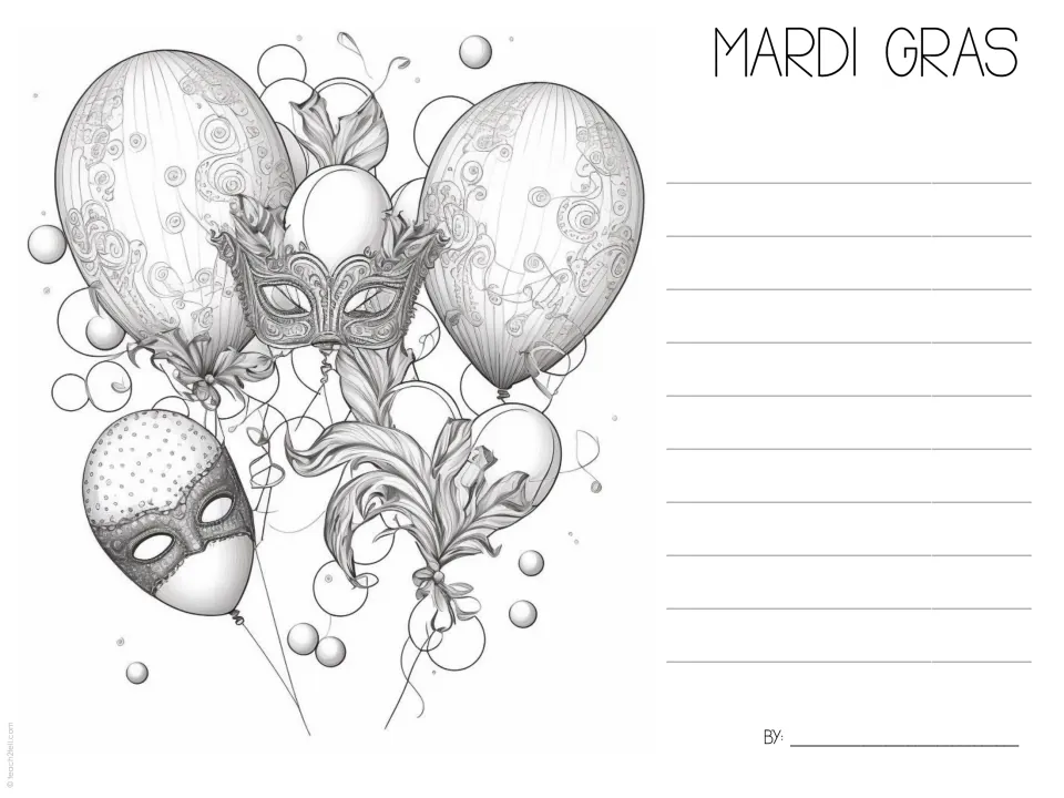 Mardi Gras fact-writing template 4 features patterned balloons and a central feathered mask for the follow-up