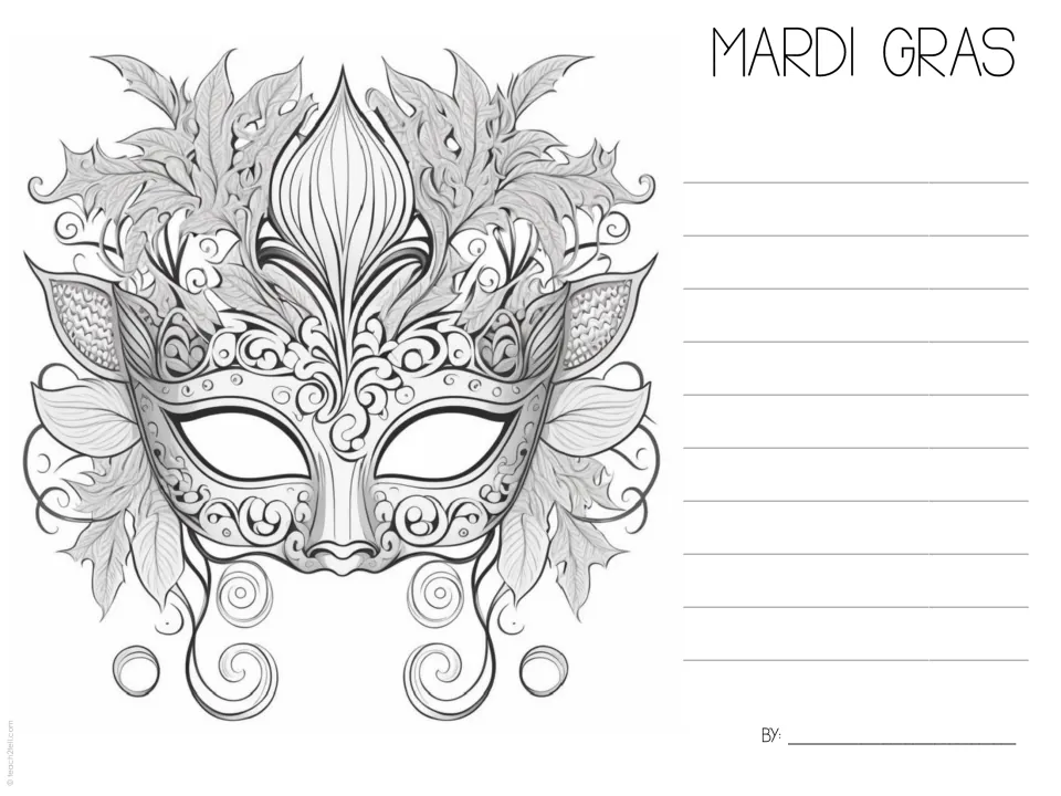 Mardi Gras fact-writing template 5 features a large symmetrical mask with feathers for recording facts