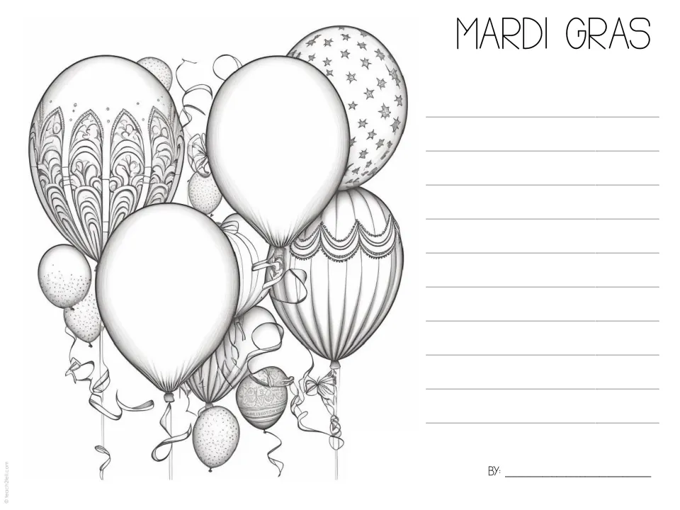 Mardi Gras fact-writing template 6 features a bouquet of patterned balloons for the follow-up writing task