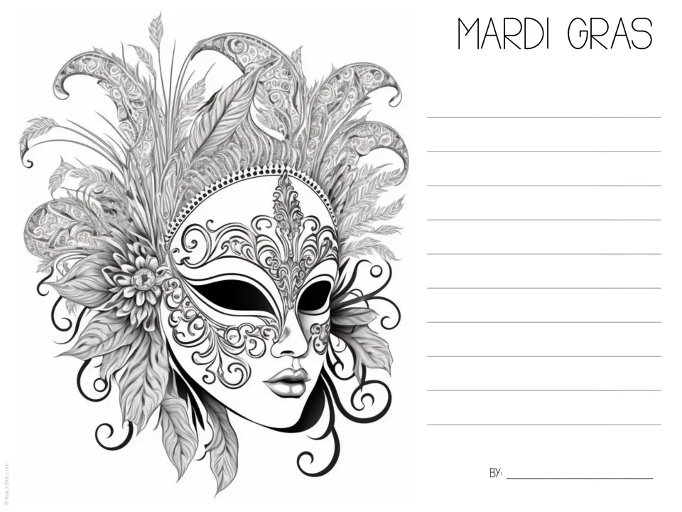 Mardi Gras fact-writing template 7 features an ornate full-face mask with feathers for recording facts