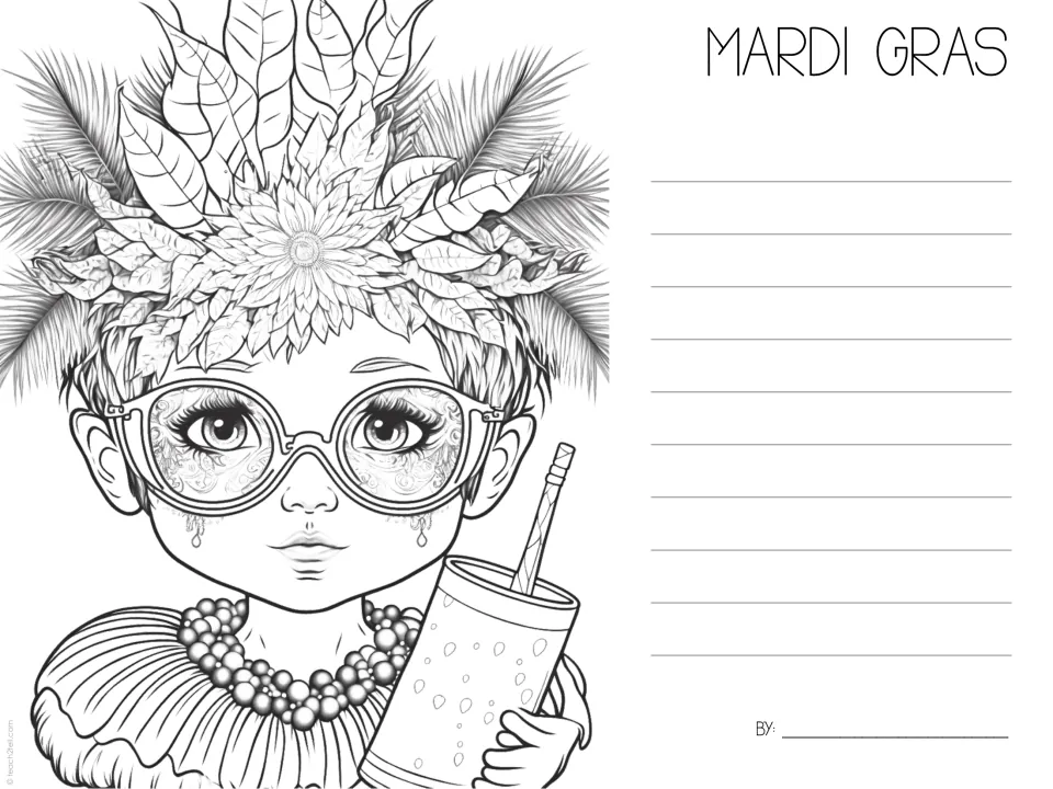 Mardi Gras fact-writing template 8 features a child wearing glasses, beads, and a feathered headdress