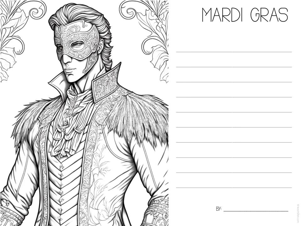 Mardi Gras fact-writing template 9 features a masked man in an ornate coat for the follow-up writing task