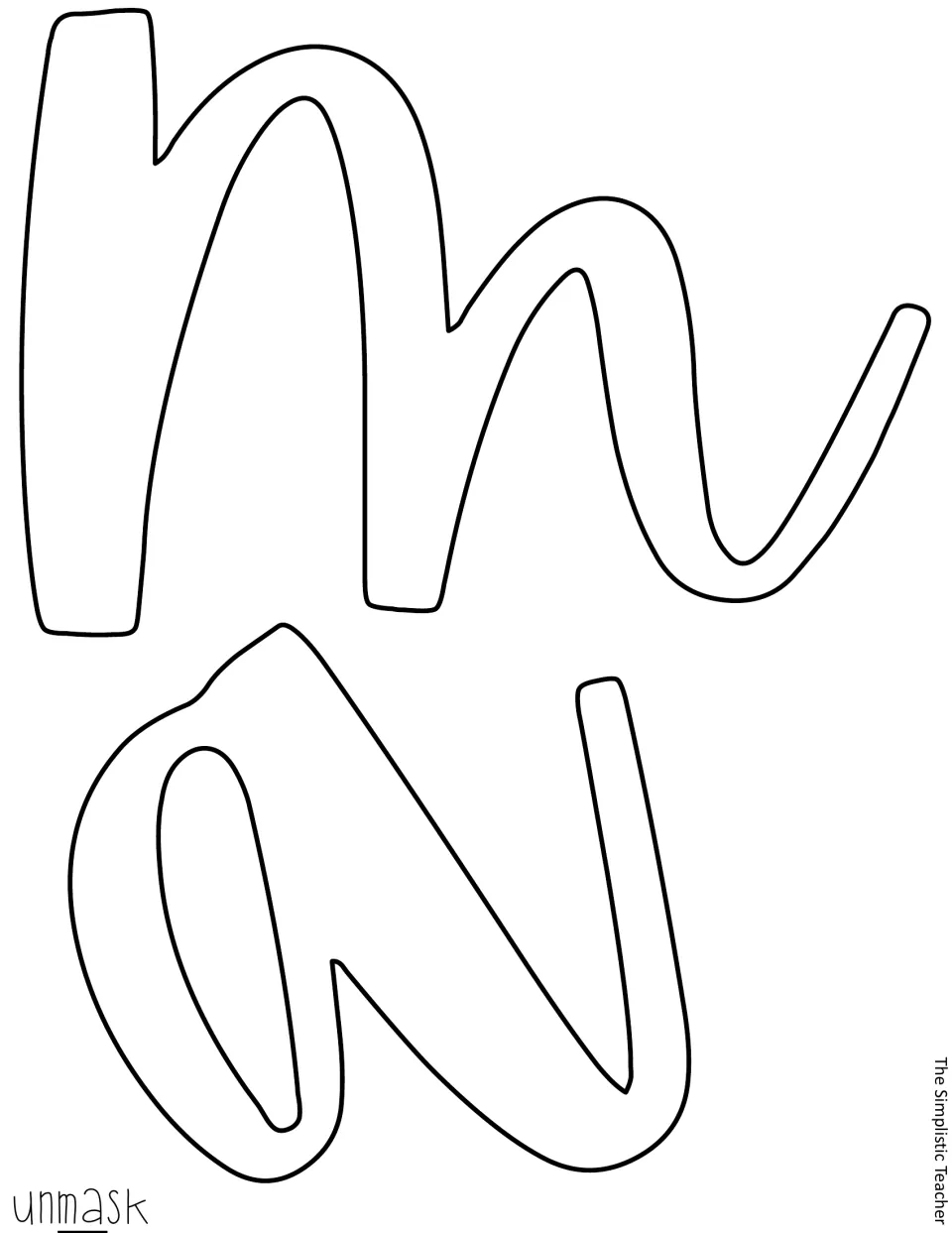 Black outline cutout letters “m” and “a” form the middle of “unmask” for the Mardi Gras classroom display
