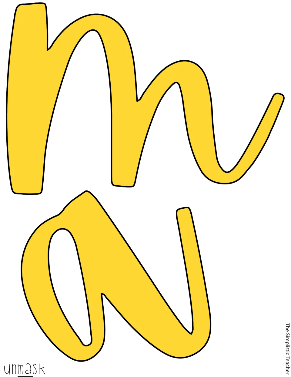 Yellow cutout letters “m” and “a” form the middle of the word “unmask” for the Mardi Gras classroom display