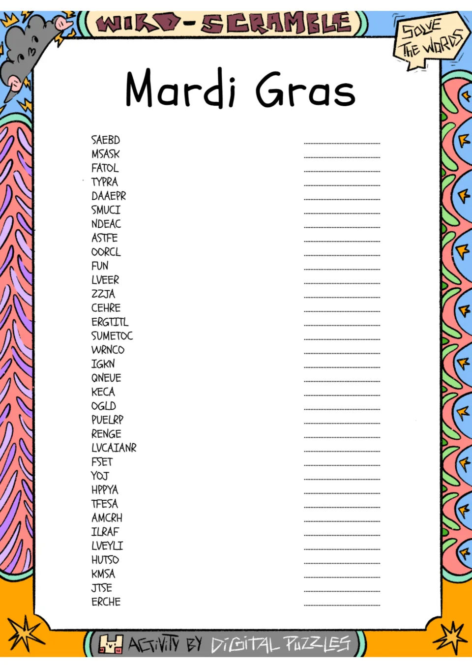 Mardi Gras word scramble puzzle with 34 entries, including SAEBD, MSASK, FATOL, TYPRA, DAAEPR and SMUCI