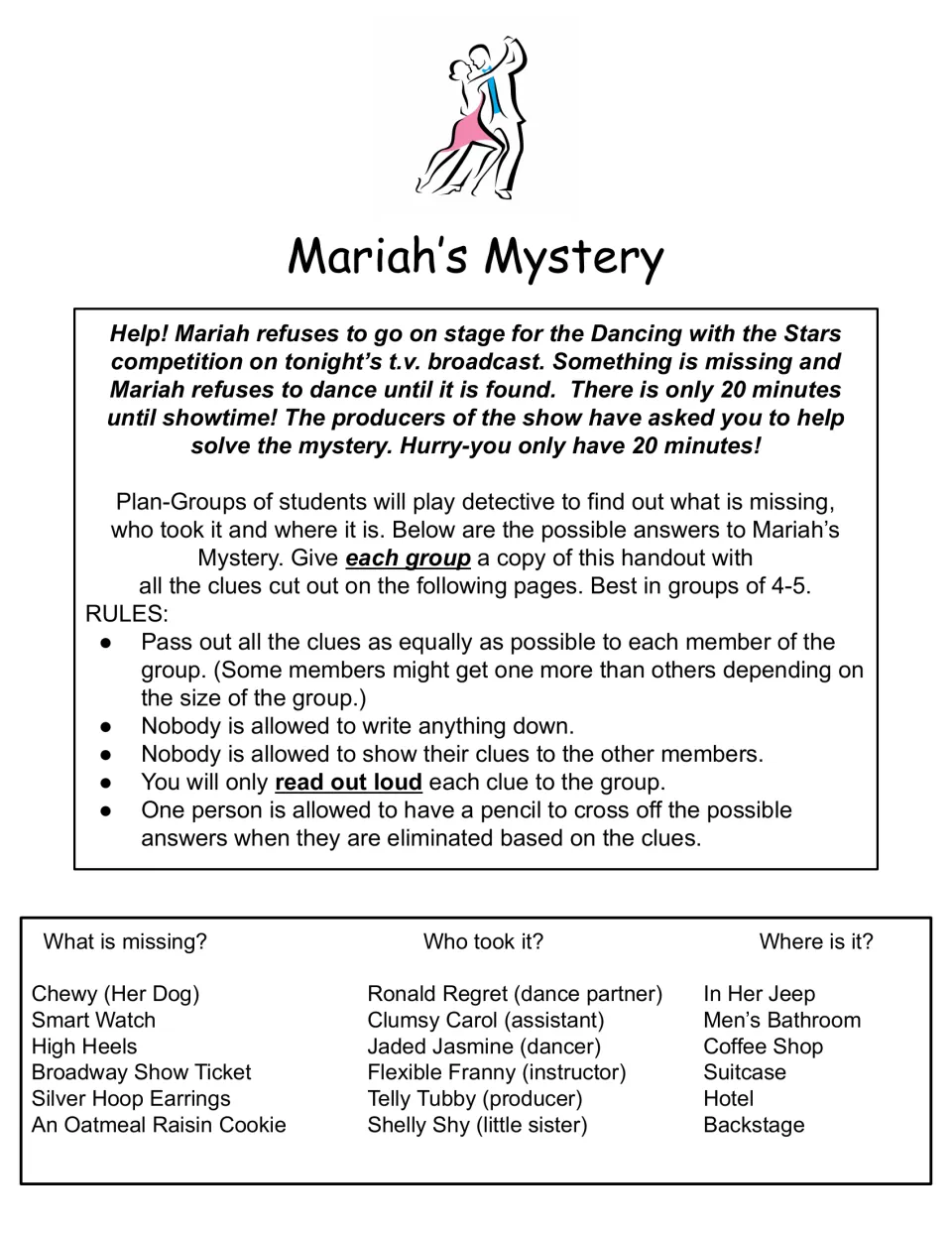 Mariah's Mystery rules: groups read clues aloud to work out what is missing, who took it and where, from six options each
