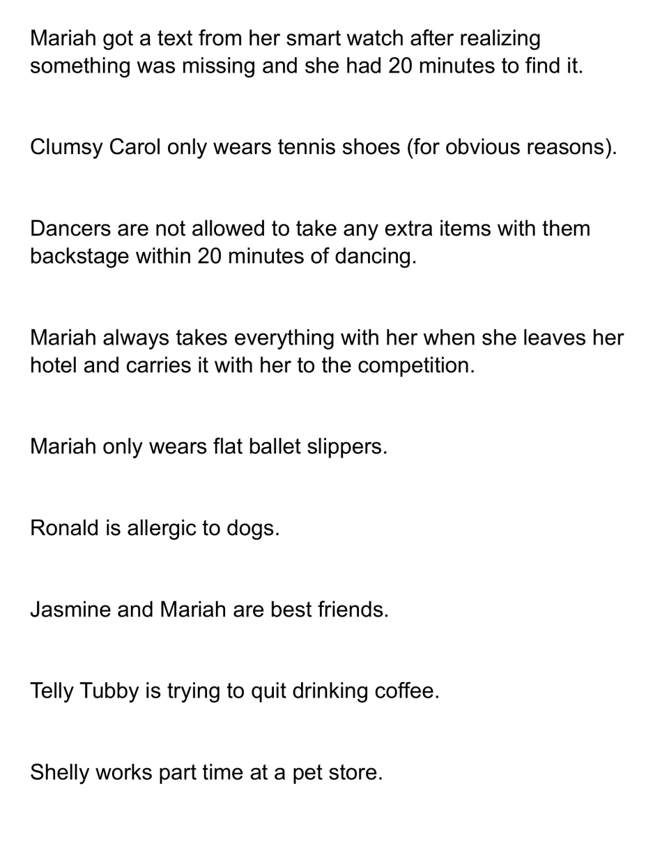 Detective clues, set 2: nine clue strips, such as Ronald's dog allergy and Shelly's pet store job, to rule out answers