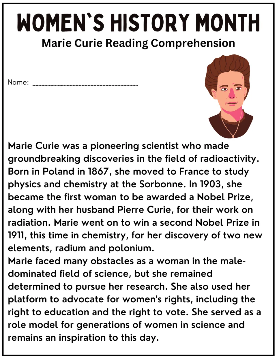 Marie Curie reading passage: students read about her Nobel Prizes, radium and polonium, and her work for women's rights