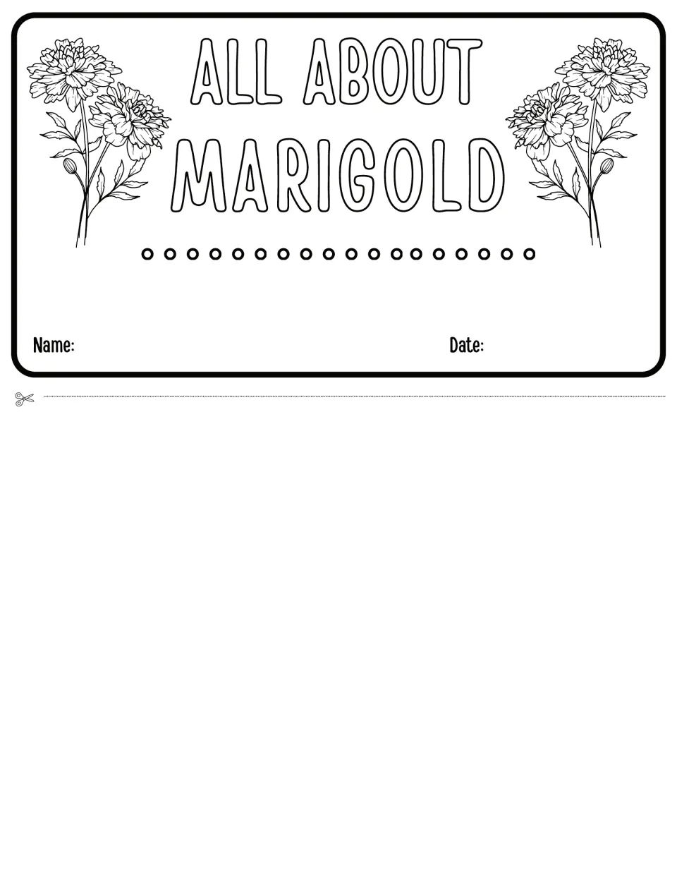 All About Marigold flipbook cover: cut-out title flap with marigold drawings to color, plus Name and Date lines