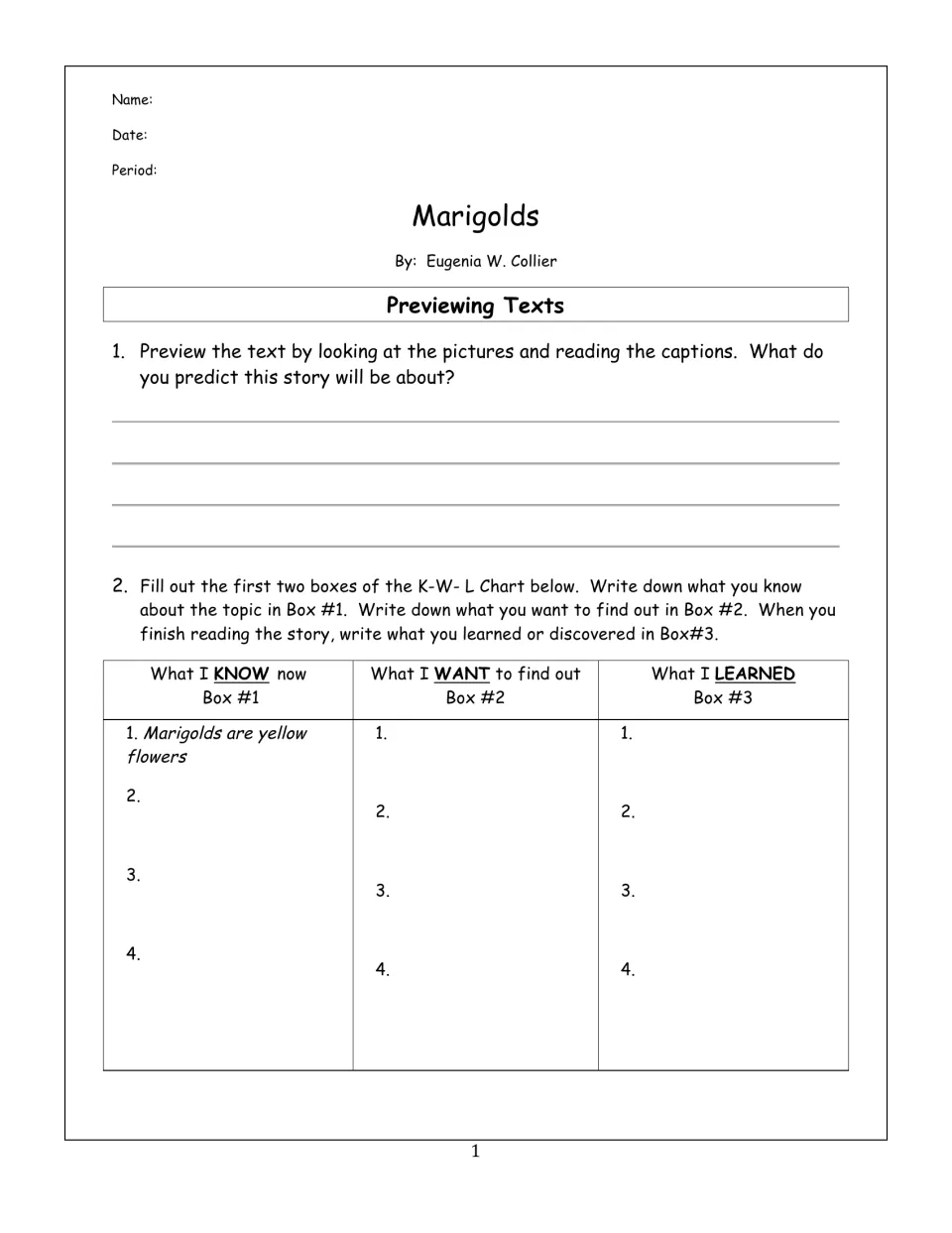 Marigolds by Eugenia W. Collier previewing: students predict the story from captions and start a K-W-L chart