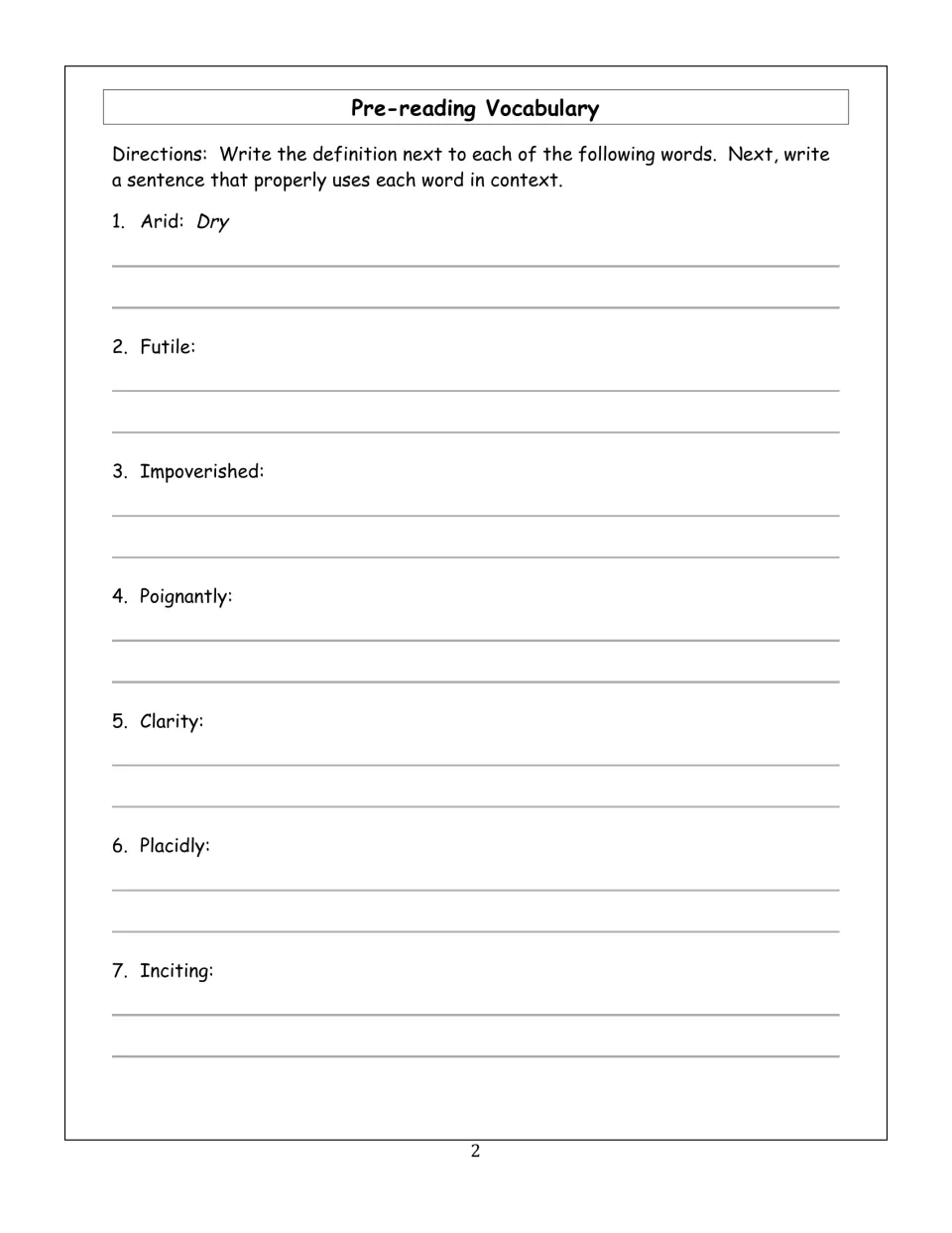 Pre-reading vocabulary: students define arid, futile, impoverished, poignantly and more, then use each word in a sentence