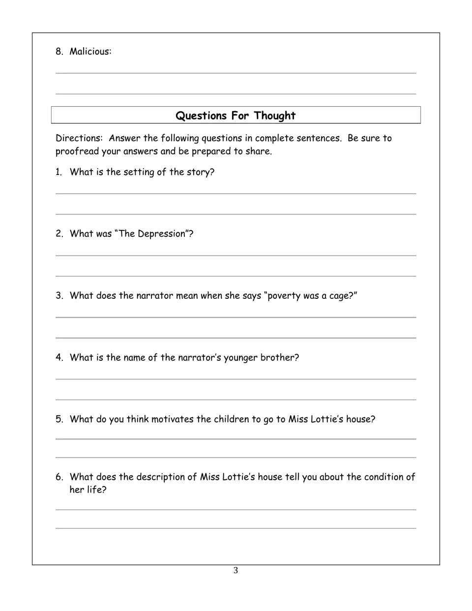 Comprehension questions 1-6: students explain the setting, the Depression, 'poverty was a cage' and Miss Lottie's house