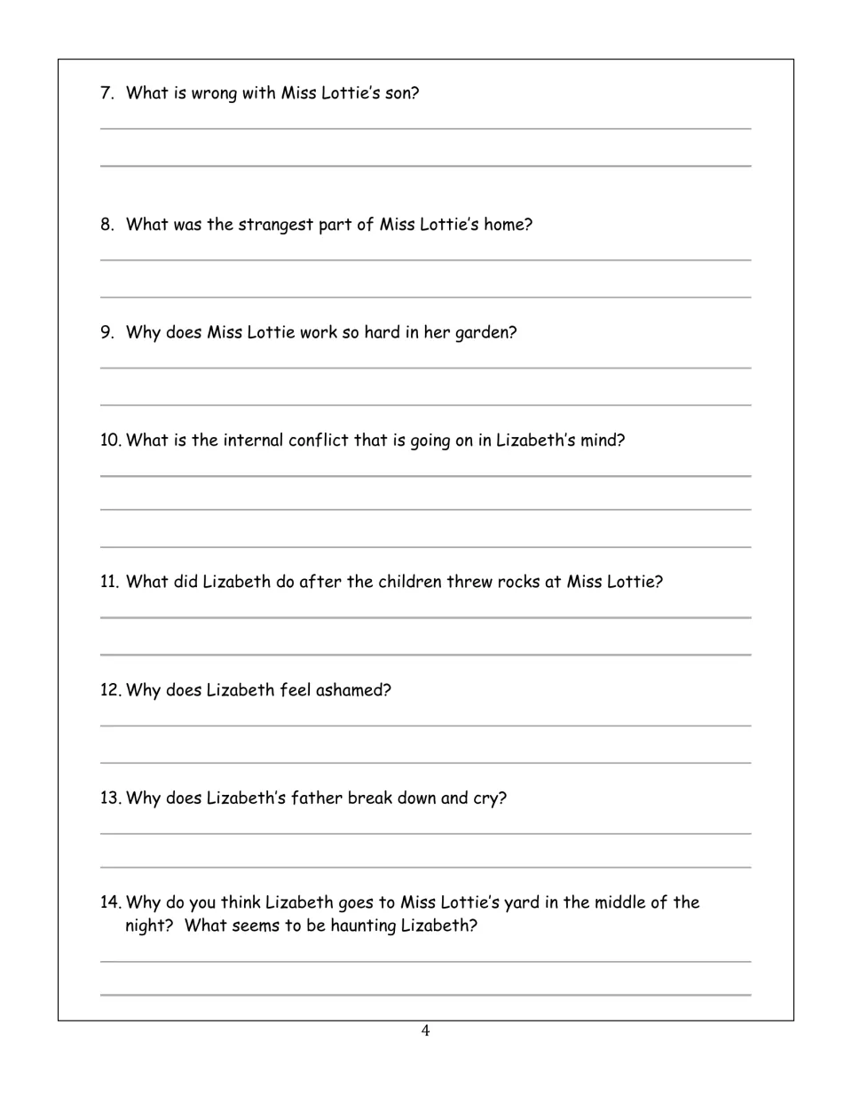 Comprehension questions 7-14: students analyze Miss Lottie's garden, Lizabeth's internal conflict and her shame