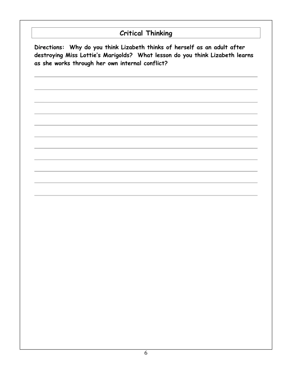 Critical thinking response: students explain why Lizabeth sees herself as an adult and what lesson her conflict teaches