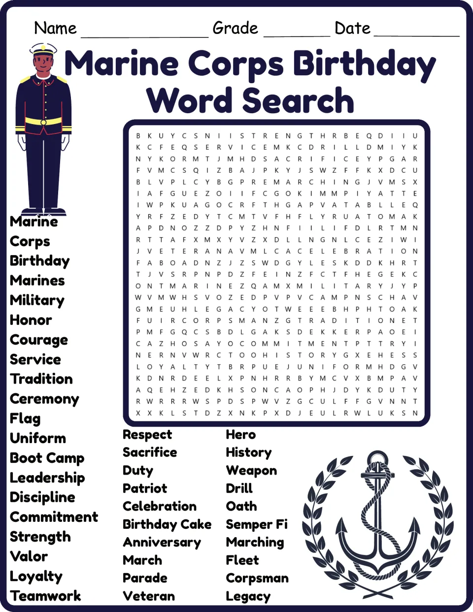 Color word search for the Marine Corps birthday featuring Honor, Courage, Service, Tradition, and Loyalty.