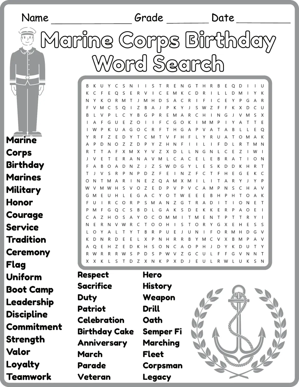 Grayscale birthday word search featuring Marine, Corps, Uniform, Leadership, Commitment, and Teamwork.