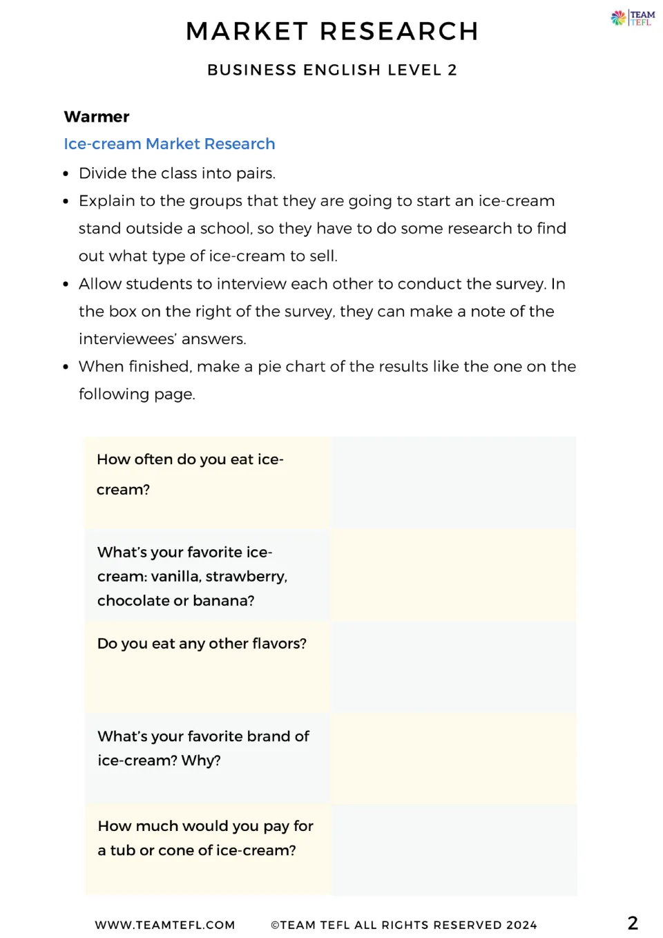 Ice-cream market research warmer: pairs interview each other with five survey questions on flavors, brands and prices