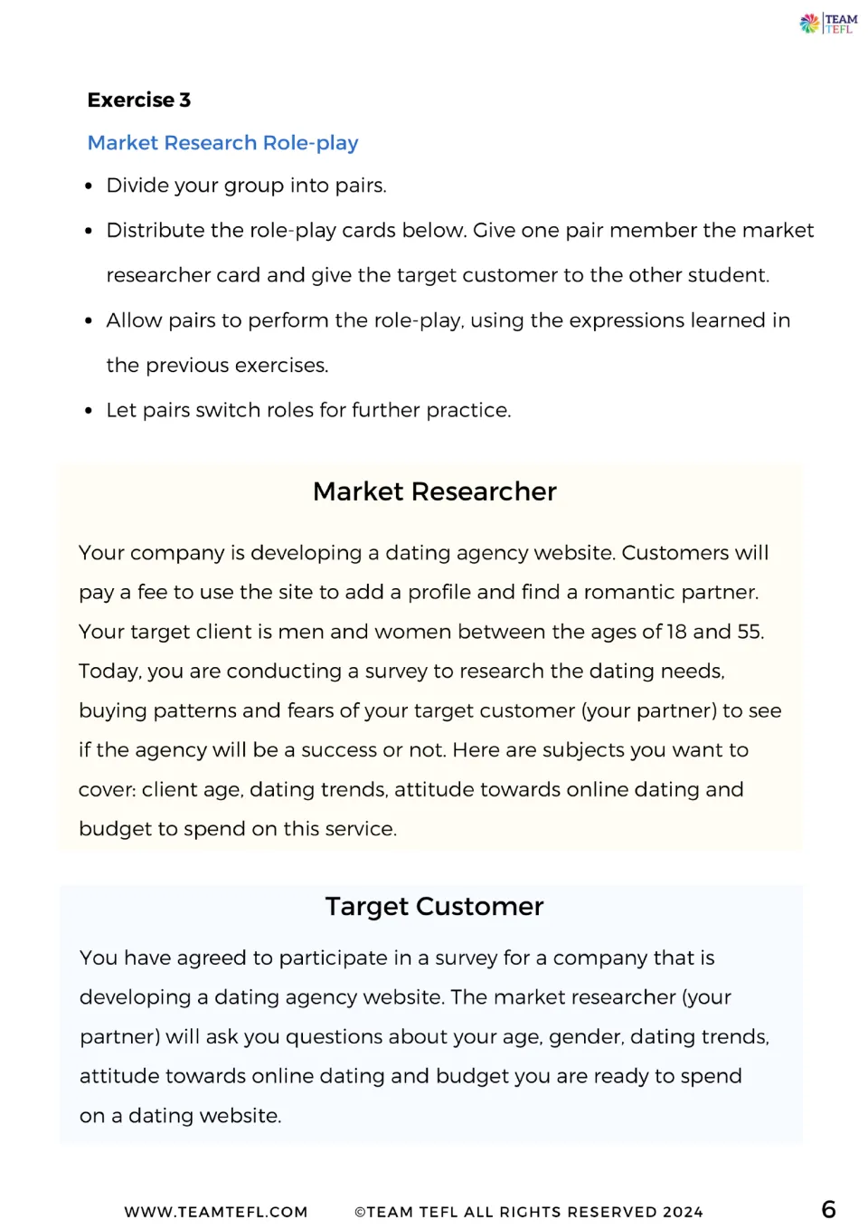 Exercise 3 role-play: pairs act as market researcher and target customer surveying needs for a dating agency website