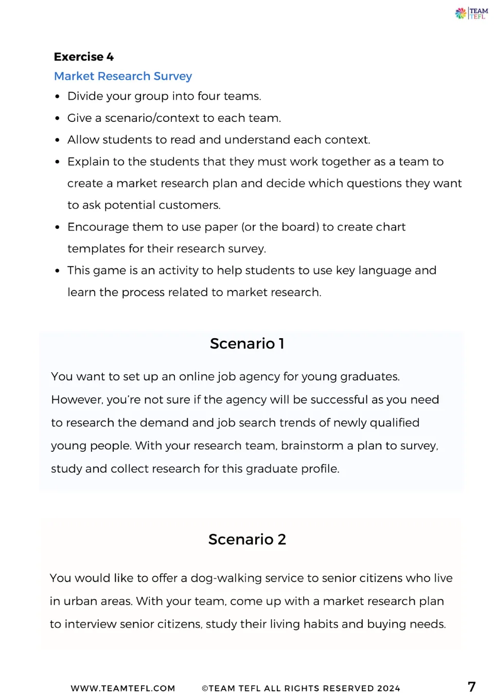 Exercise 4: teams plan market research for an online graduate job agency and a dog-walking service for seniors